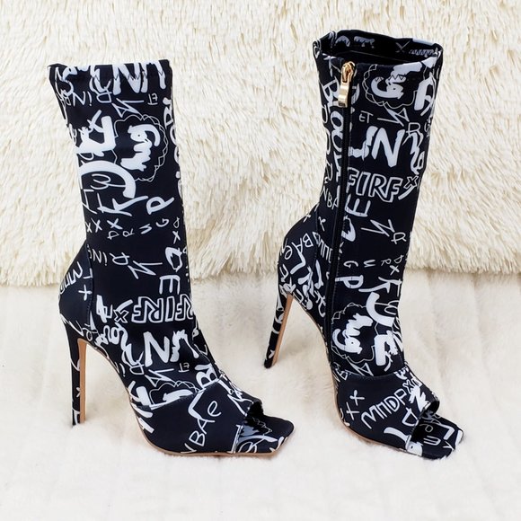 Graffiti Stretch Square Open Toe Ankle Boots - Picture 8 of 9